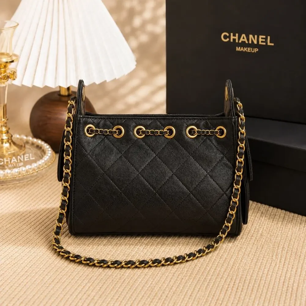 Chanel Black Quilted Leather Shoulder Tote with Gold Chain